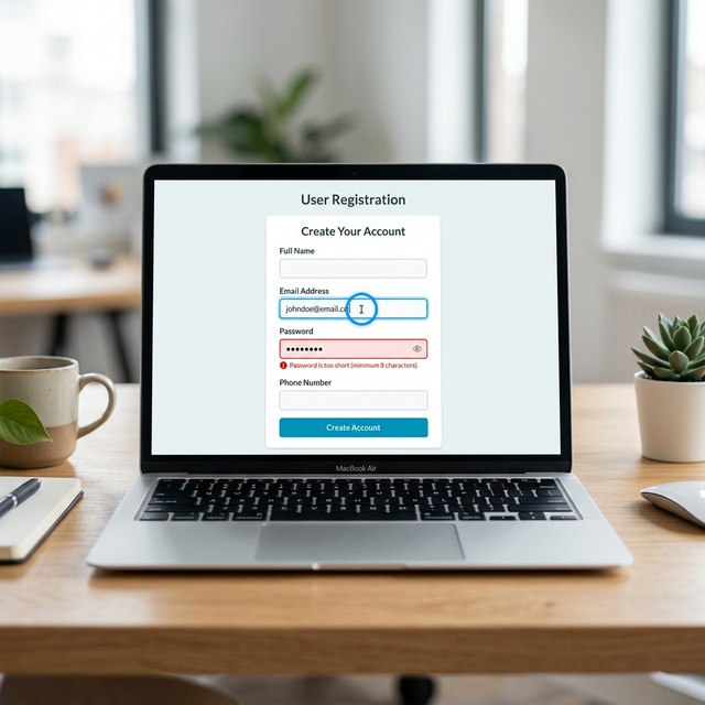 Formulario online con etiquetas claras, texto de error visible y un indicador de foco de teclado azul brillante.
