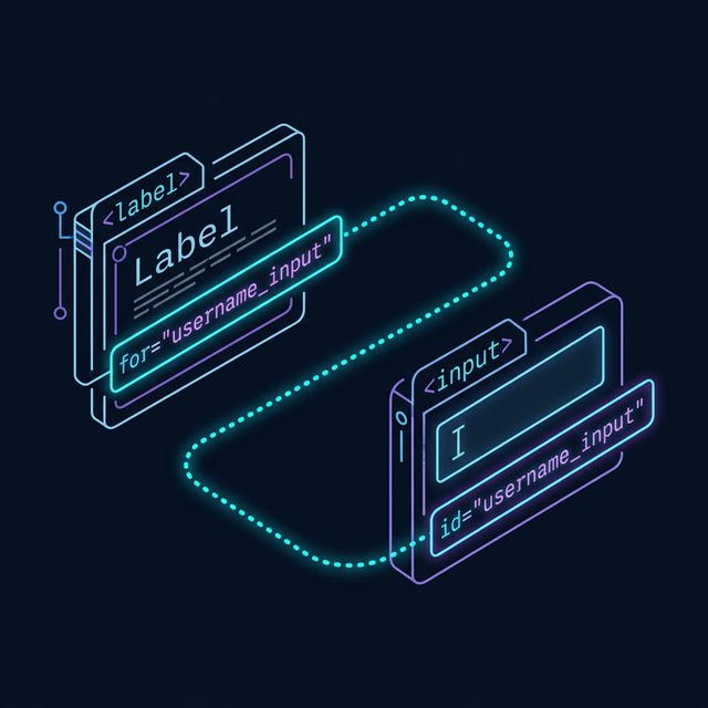 Diagrama mostrando cómo el atributo for de un label se vincula con el id del input para lectores de pantalla.