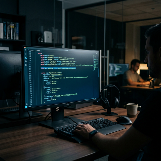 Monitor de código mostrando etiquetas meta, links canonical y schema markup JSON-LD resplandeciendo sobre fondo oscuro.
